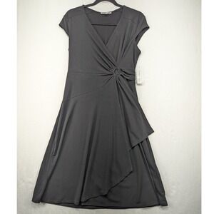 Robbie Bee Black Midi Dress Sleeveless V Neck Wrap Front Casual Career‎ Medium